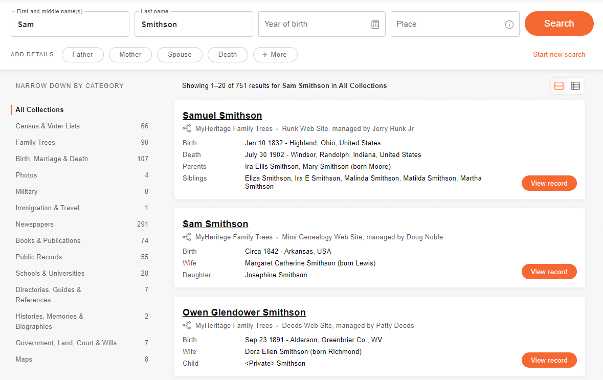 Search results on the MyHeritage search engine for historical records