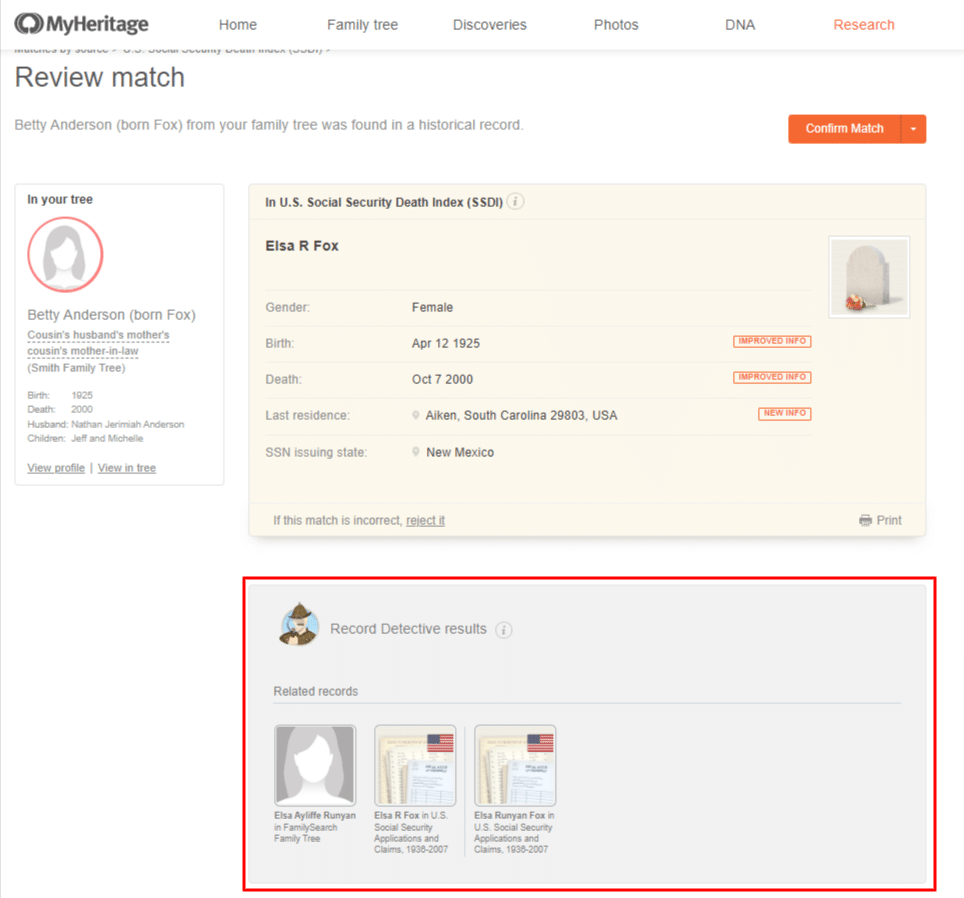 Related Records on a Review Record Match page on MyHeritage