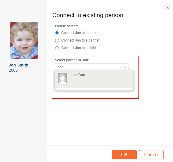 Connecting an adopted child to the biological parent in a different family tree