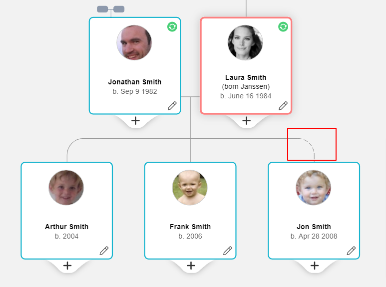 Dashed line indicating adoptive relationship on MyHeritage