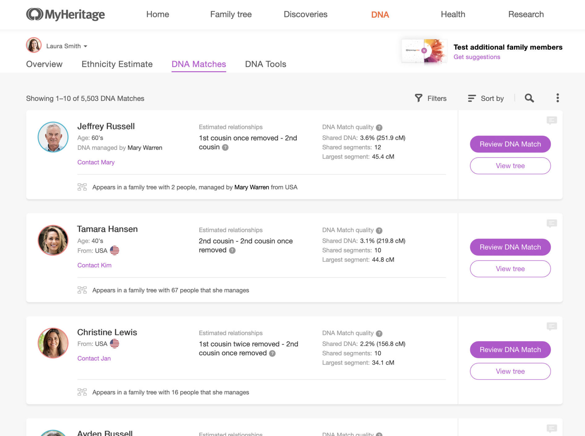 DNA Match list on MyHeritage