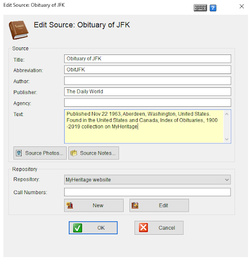 Editing the details of a source on Family Tree Builder