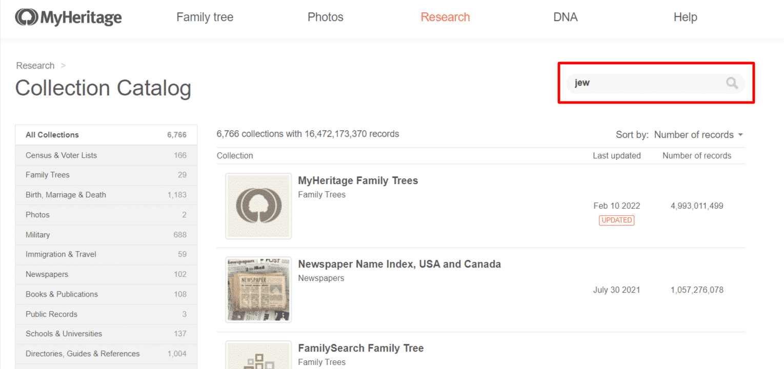 Researching Jewish genealogy on MyHeritage's Collection Catalog