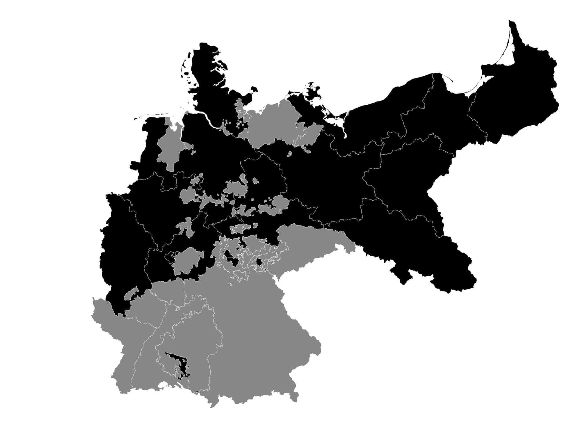 Black Flat Map of Prussia within German Empire (year 1871) inside Gray Map of European Continent