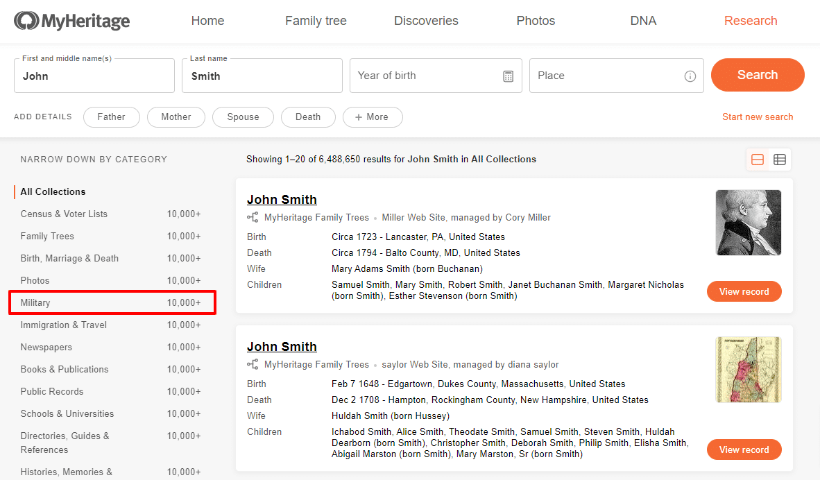 Narrowing to a military records search from a general search on MyHeritage