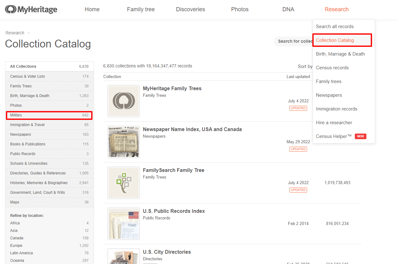Conducting a military service records search from the Collection Catalog on MyHeritage